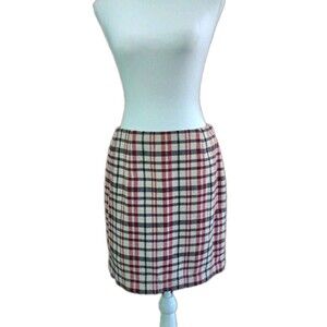 Ann Taylor Virgin Wool, Lined Skirt, Ivory Plaid Red Black Womens Sz 8 Academia